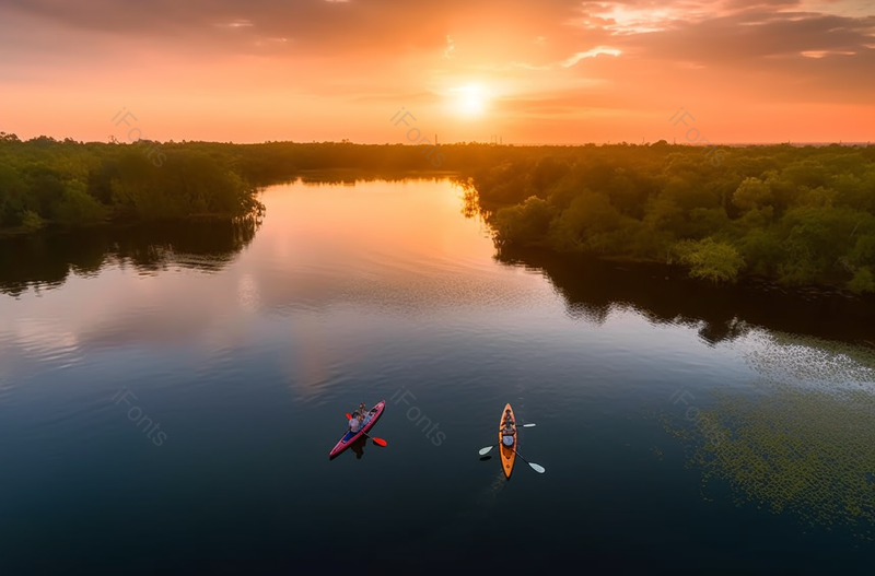 在运河与红树林环绕在美丽的日落场景摄影图,高清,摄影图,摄影图片,图片大全,摄影图免费下载